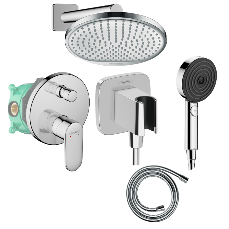 Colonne de douche encastrée mécanique HANSGROHE Vernis Blend Douche de tête Crometta Flexible Isiflex Douchette Pulsify chromé