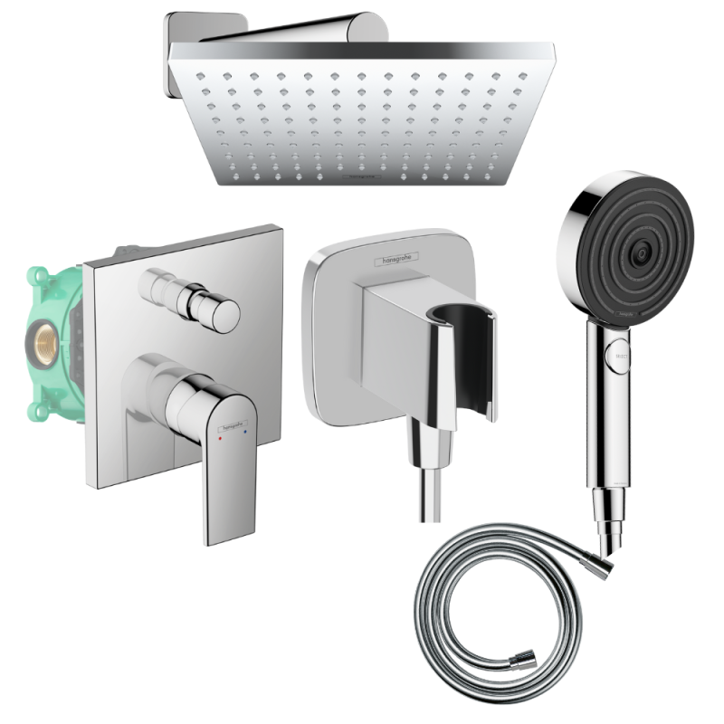 Colonne de douche encastrée mécanique HANSGROHE Vernis Shape Douche de tête Vernis Shape Flexible Isiflex Douchette Pulsify chro