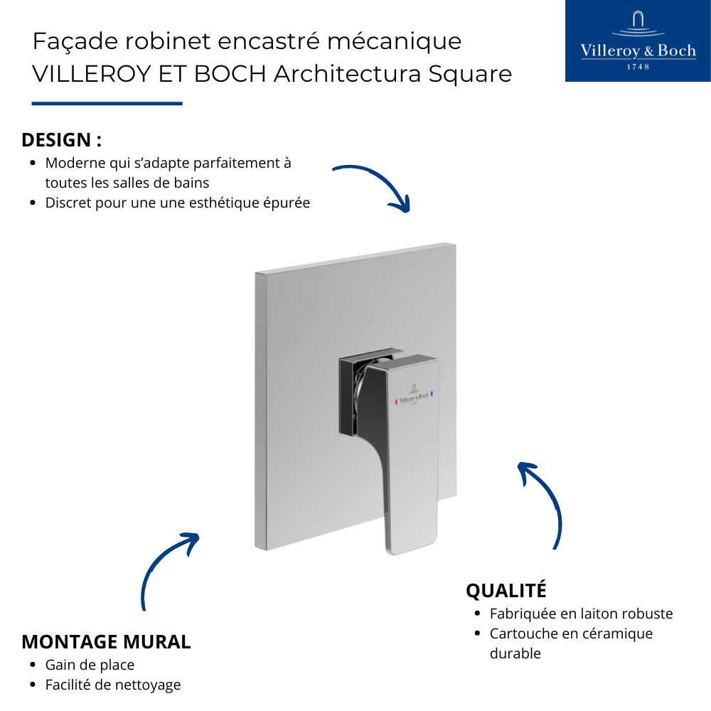 Points forts de la Façade mitigeur mécanique encastré VILLEROY ET BOCH Architectura Square Brushed Gold
