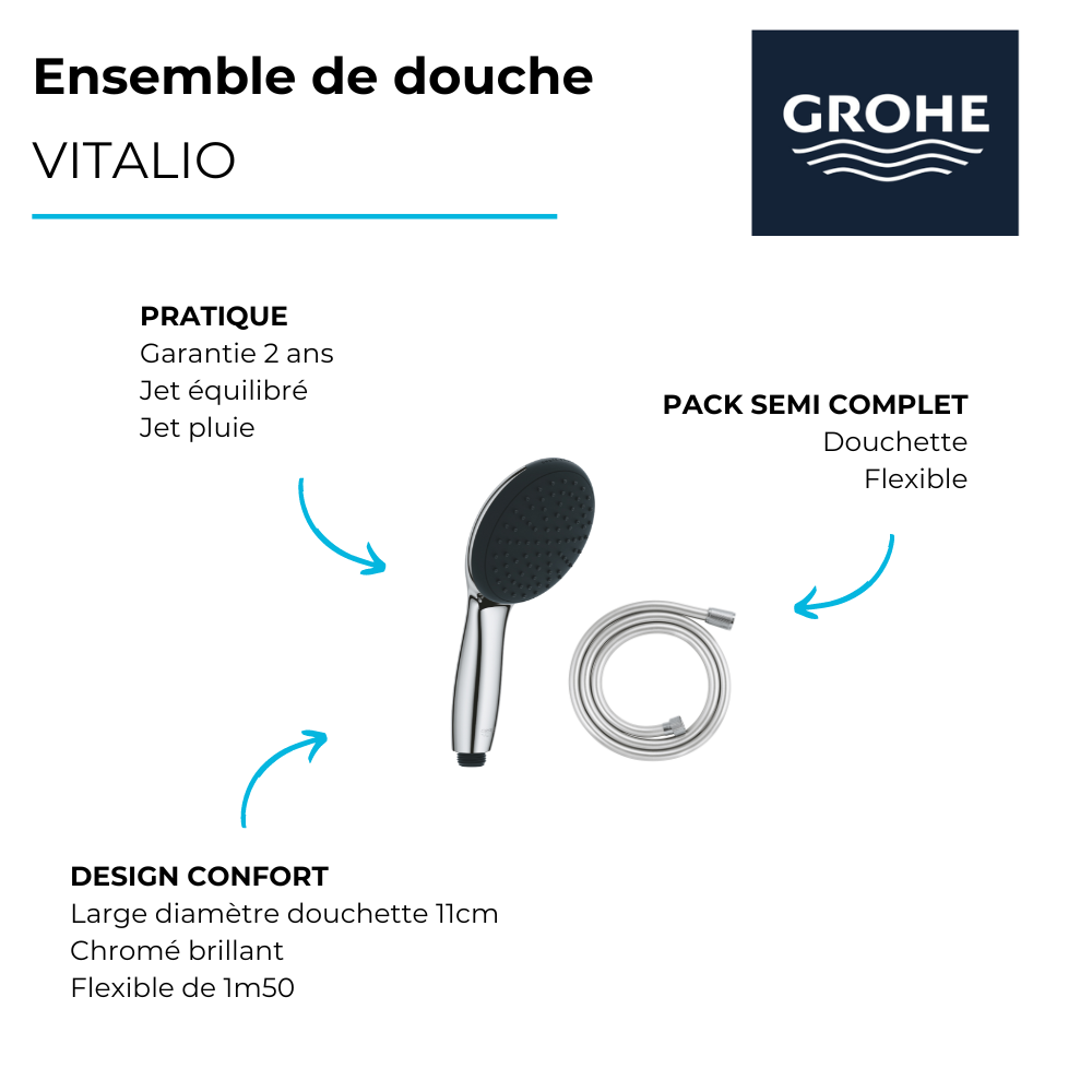 point fort Douchette 1 jet GROHE Vitalio Start 100 chromé + Flexible de douche GROHE Twistfree VitalioFlex Silver 1500 chromé 