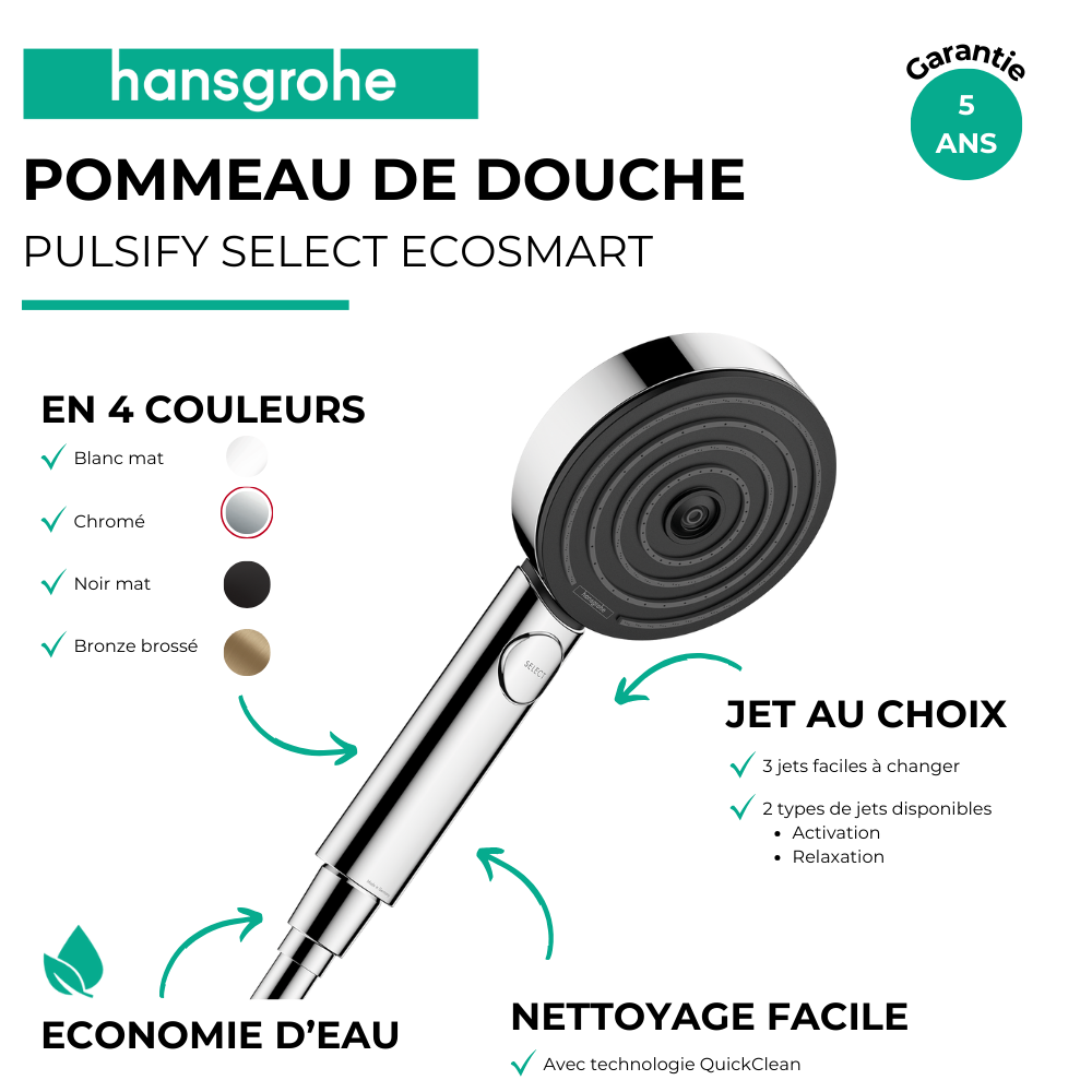 Pommeau de douche HANSGROHE Pulsify Select EcoSmart 105 3 jets | Batinea