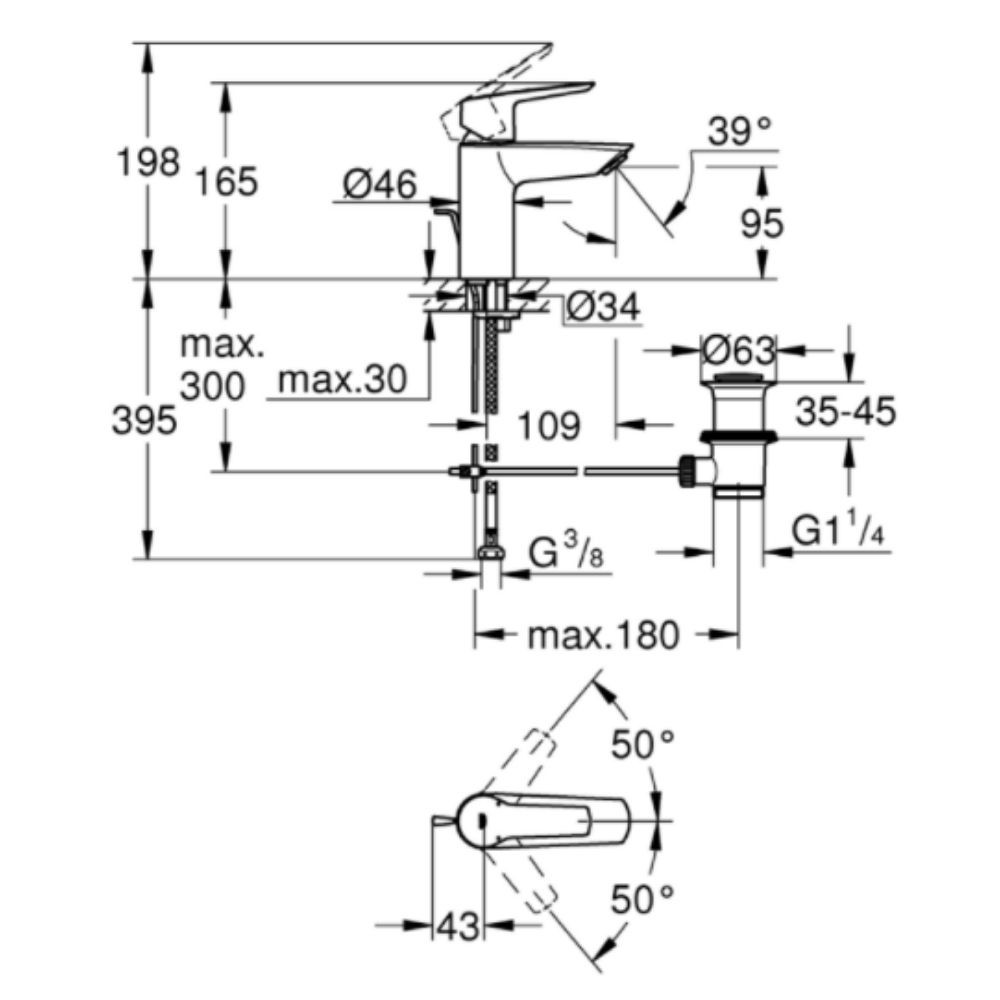 schéma technique mitigeurs lavabo Grohe Start 2021 taille S avec vidage chrome