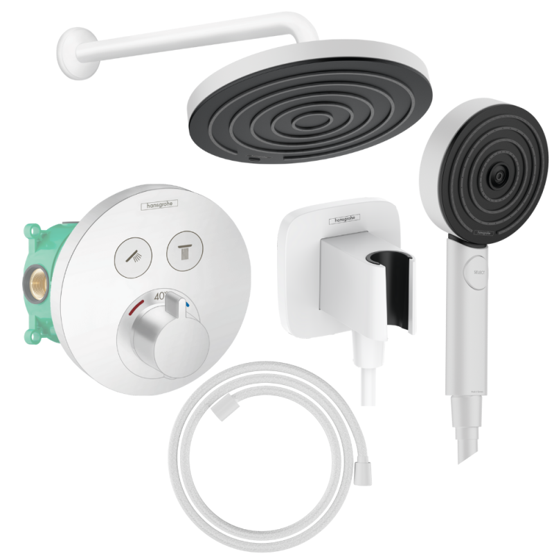 Colonne de douche encastrée thermostatique HANSGROHE ShowerSelect S Douche Pulsify Flexible Designflex Douchette Pulsify blanc