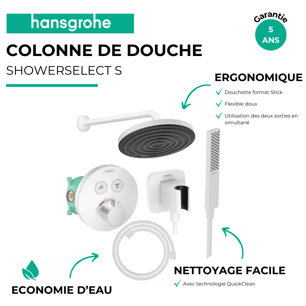 Avantages Colonne de douche encastrée thermostatique HANSGROHE ShowerSelect S Douche Pulsify Flexible Designflex Douchette Pulsi