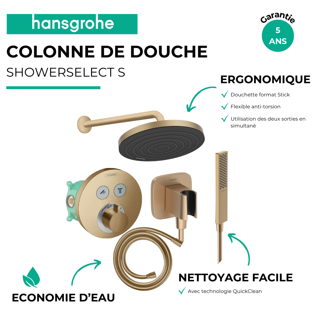 Colonne de douche encastrée thermostatique HANSGROHE ShowerSelect S Douche de tête Pulsify S Flexible Isiflex Douchette Pulsify 