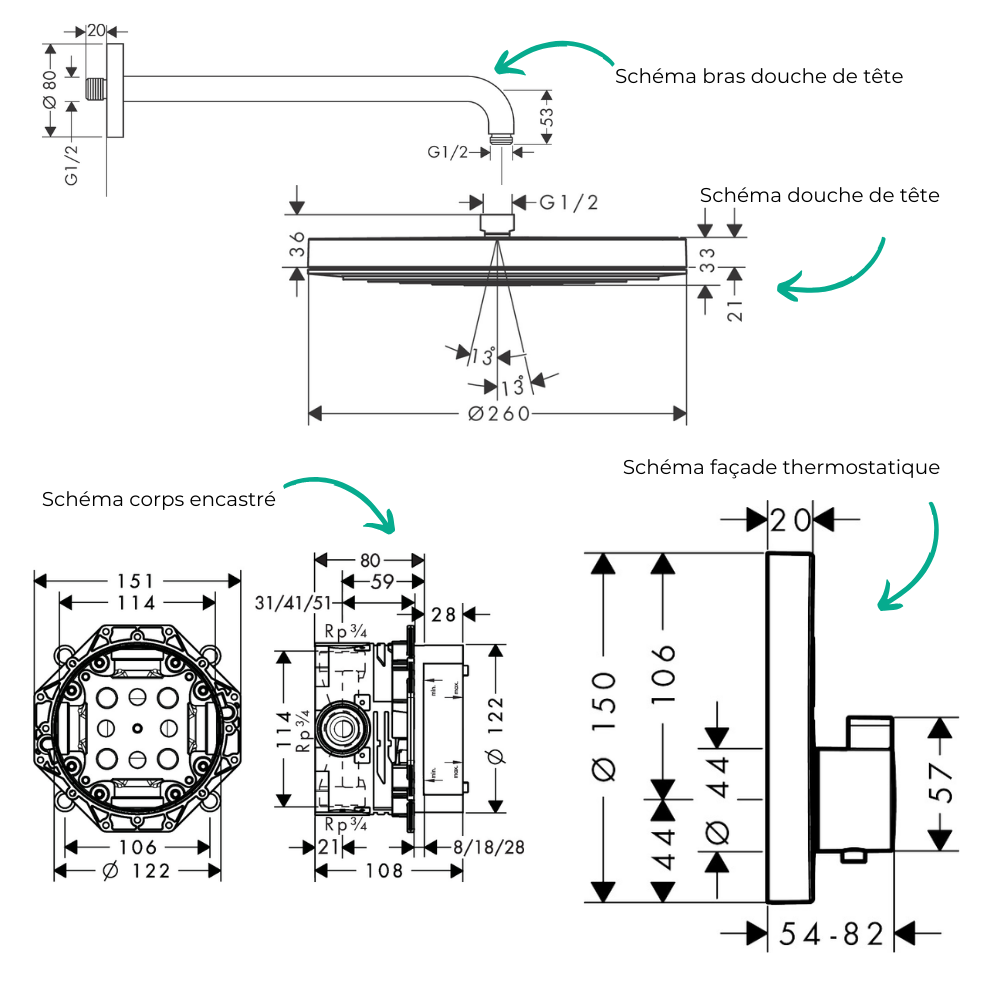 Colonne de douche encastrée thermostatique HANSGROHE ShowerSelect S Douche de tête Pulsify S Flexible Isiflex Douchette Pulsify 