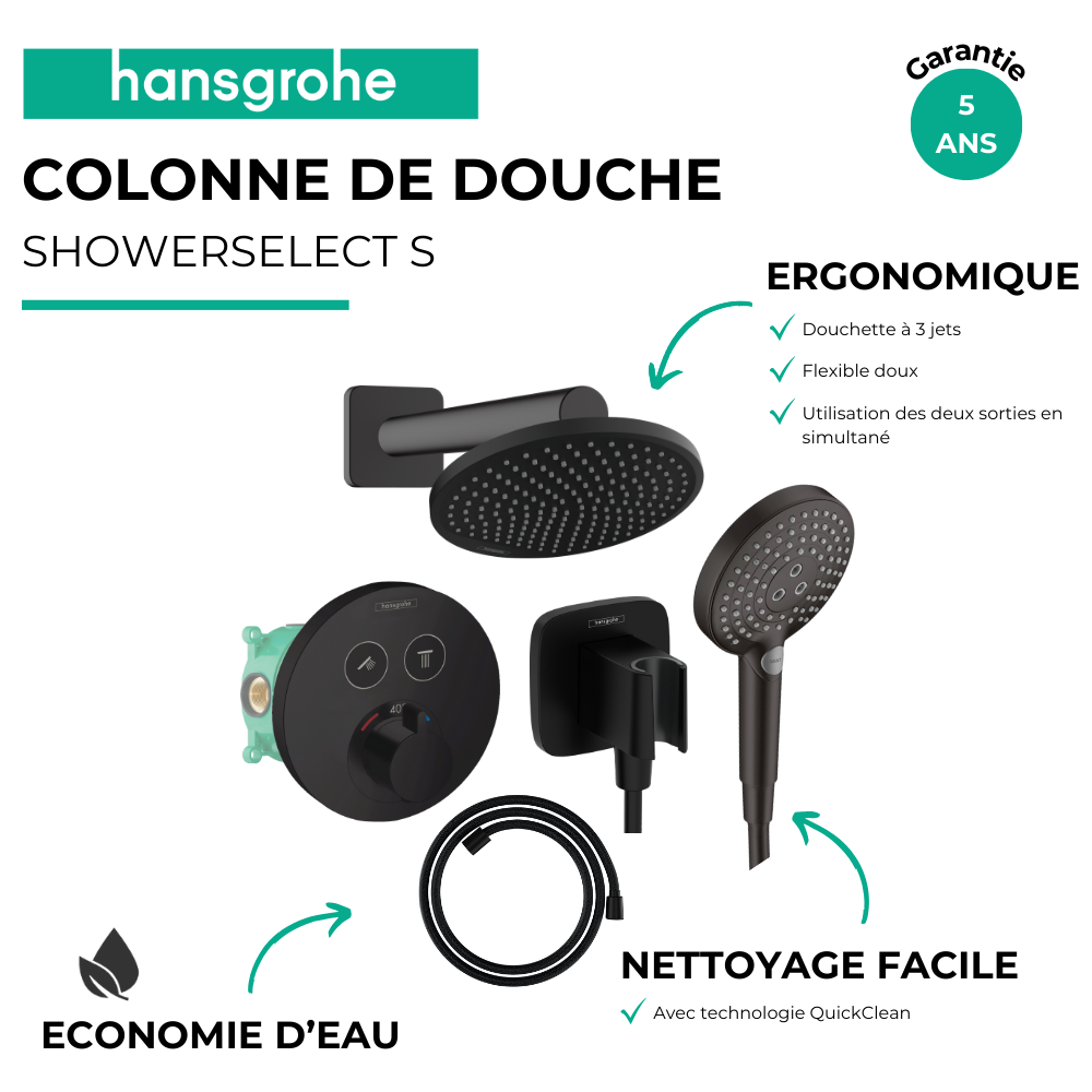 Avantages Colonne de douche encastrée thermostatique HANSGROHE ShowerSelect S Douche Vernis S Flexible Designflex Douchette Rain