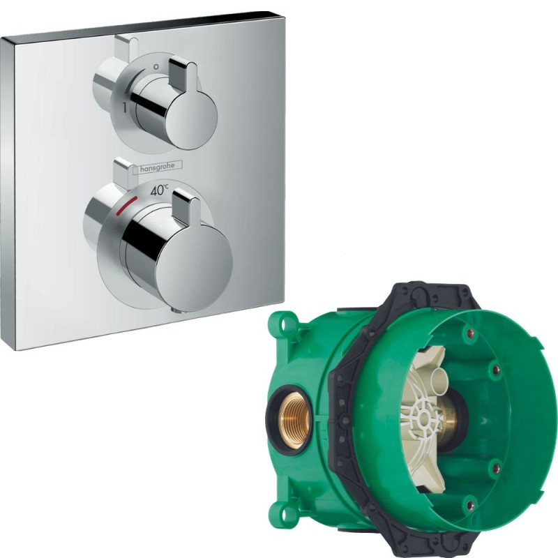 Façade robinet encastré thermostatique 1 sortie HANSGROHE Ecostat Square avec robinet d'arrêt + corps encastré
