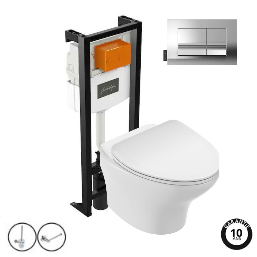 Pack WC suspendu sans bride compact JACOB DELAFON Nouvelle vague + bati support + plaque chromé + accessoires
