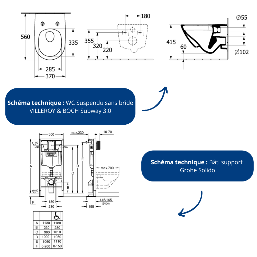 Schéma technique du Pack WC Suspendu sans bride VILLEROY & BOCH Subway 3.0 avec abattant frein de chute + Bâti support GROHE + p