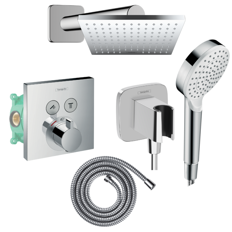 Colonne de douche encastrée thermostatique HANSGROHE ShowerSelect E Douche de tête Vernis Shape Flexible Metaflex Douchette Crom