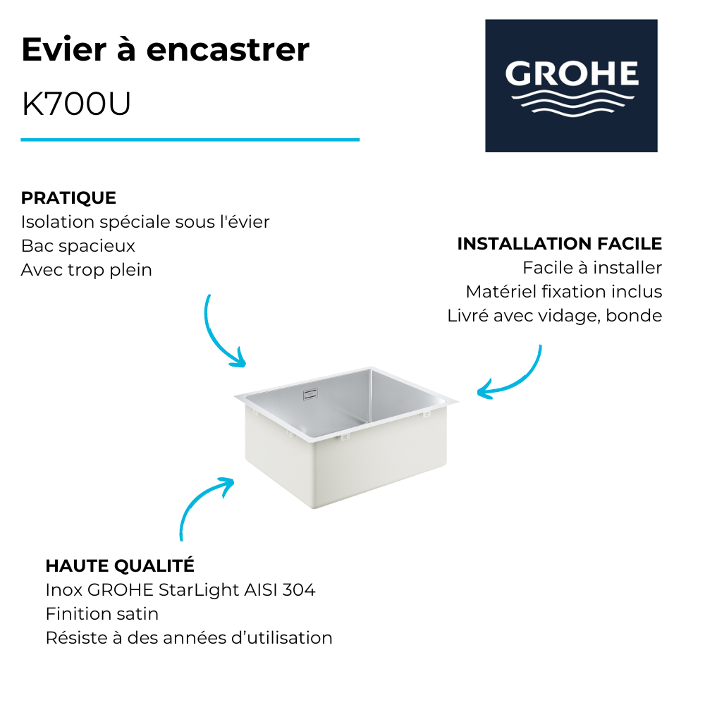 avantages Evier à encastrer 1 bac GROHE K700U acier inoxydable Quikfix