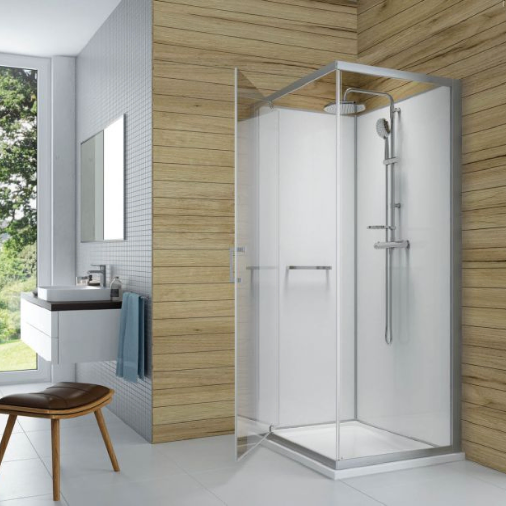 pack cabine de douche LEDA Karamineral 90 x 90 cm avec porte battante