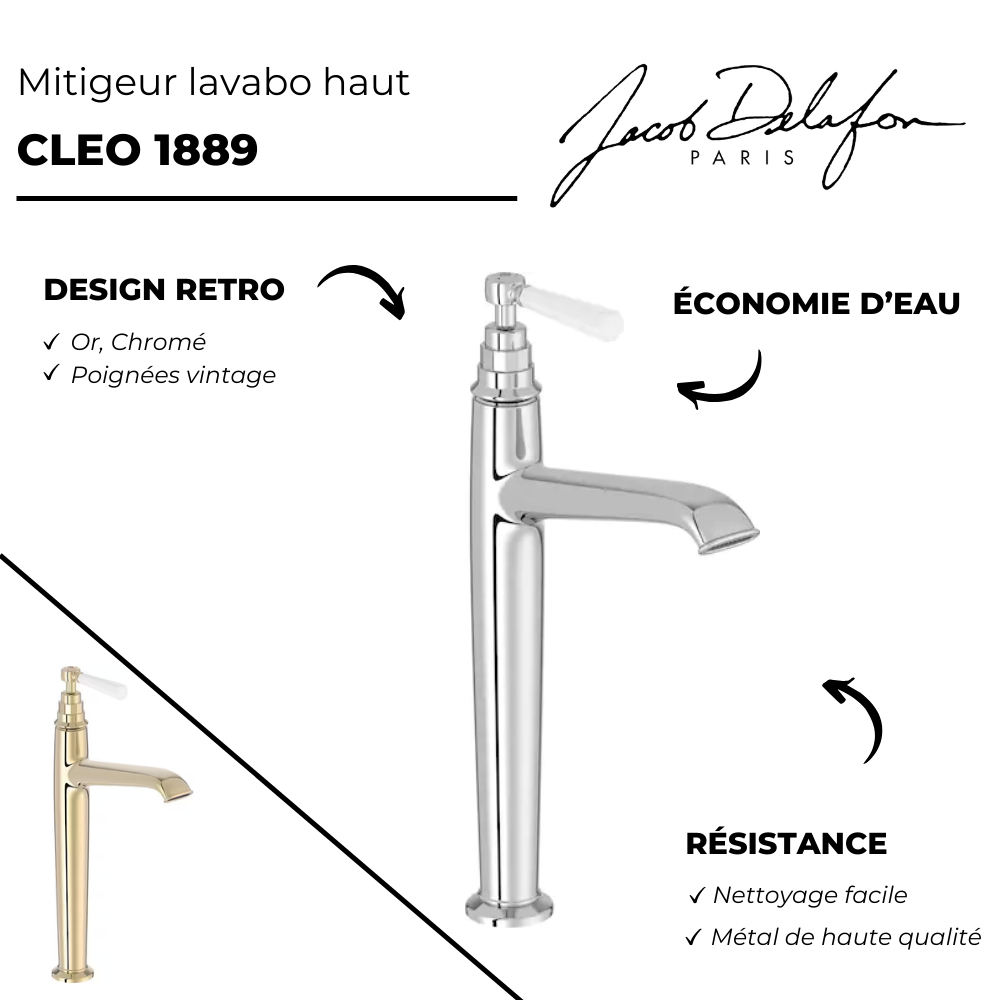 Lot de 2 mitigeurs lavabo haut JACOB DELAFON Cléo 1889 chromés
 point fort