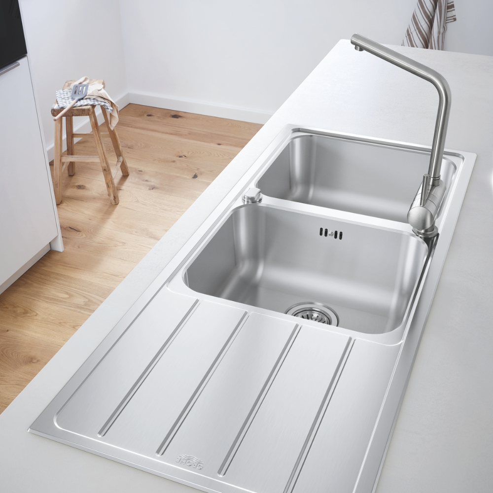 Evier à encastrer 2 bacs GROHE K500 quickfix réversible avec vidage auto vu de dessus