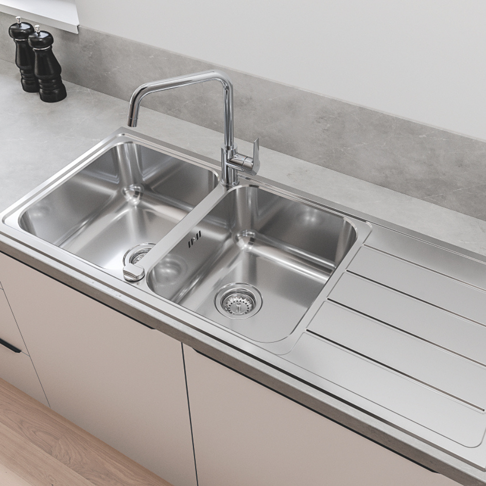 chromé brillant Evier à encastrer 2 bacs GROHE K500 quickfix réversible avec vidage auto