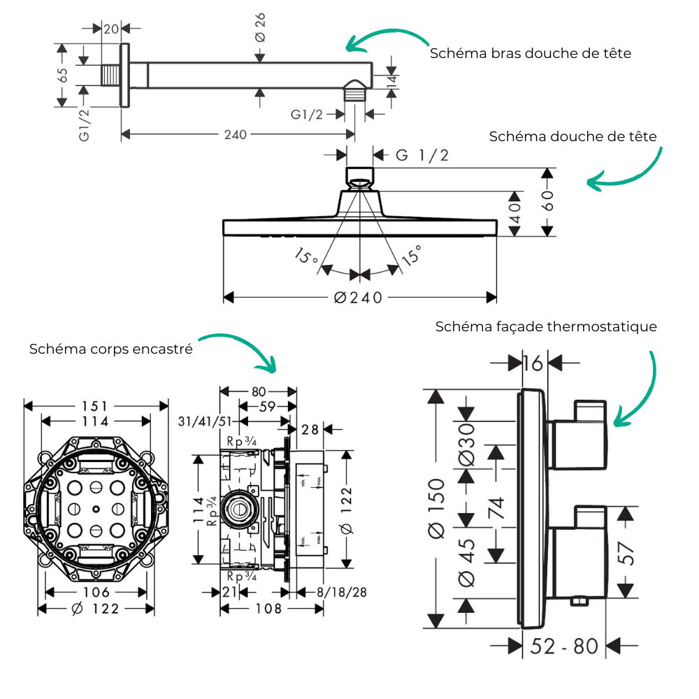 Colonne de douche encastrée douche thermostatique HANSGROHE Ecostat S Douche de tête Crometta S Flexible METAFLEX Douchette VERN