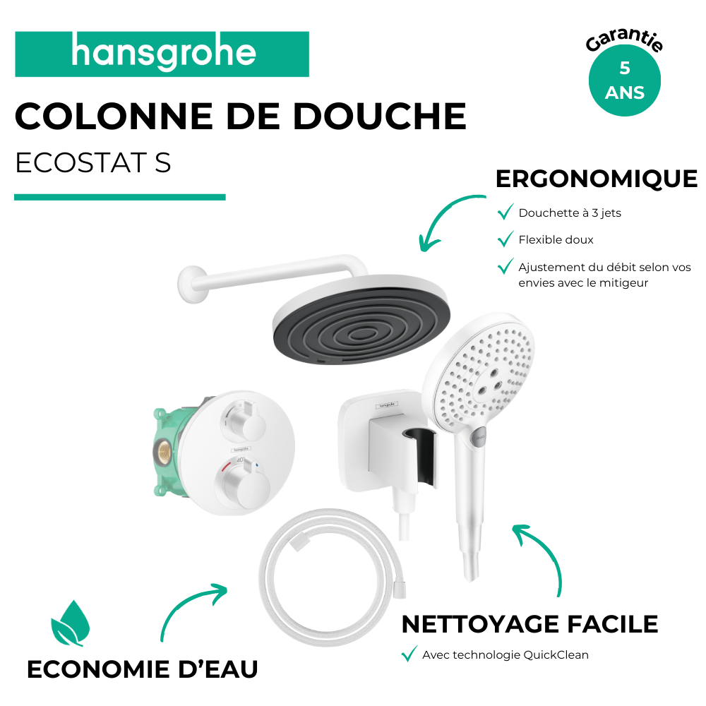 Colonne de douche encastrée douche thermostatique HANSGROHE Ecostat S Douche de tête Pulsify S Flexible DESIGNFLEX Douchette RAI