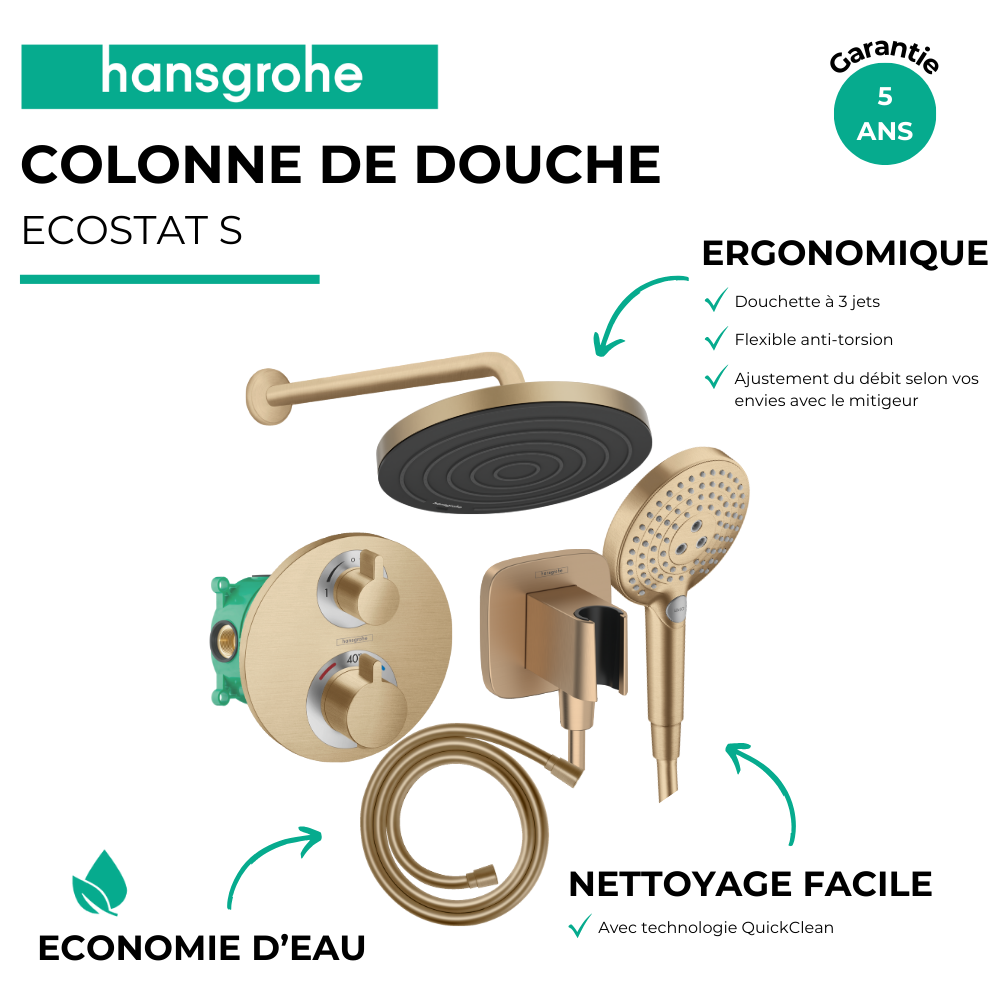 Colonne de douche encastrée douche thermostatique HANSGROHE Ecostat S Douche de tête Pulsify S Flexible ISIFLEX Douchette RAINDA