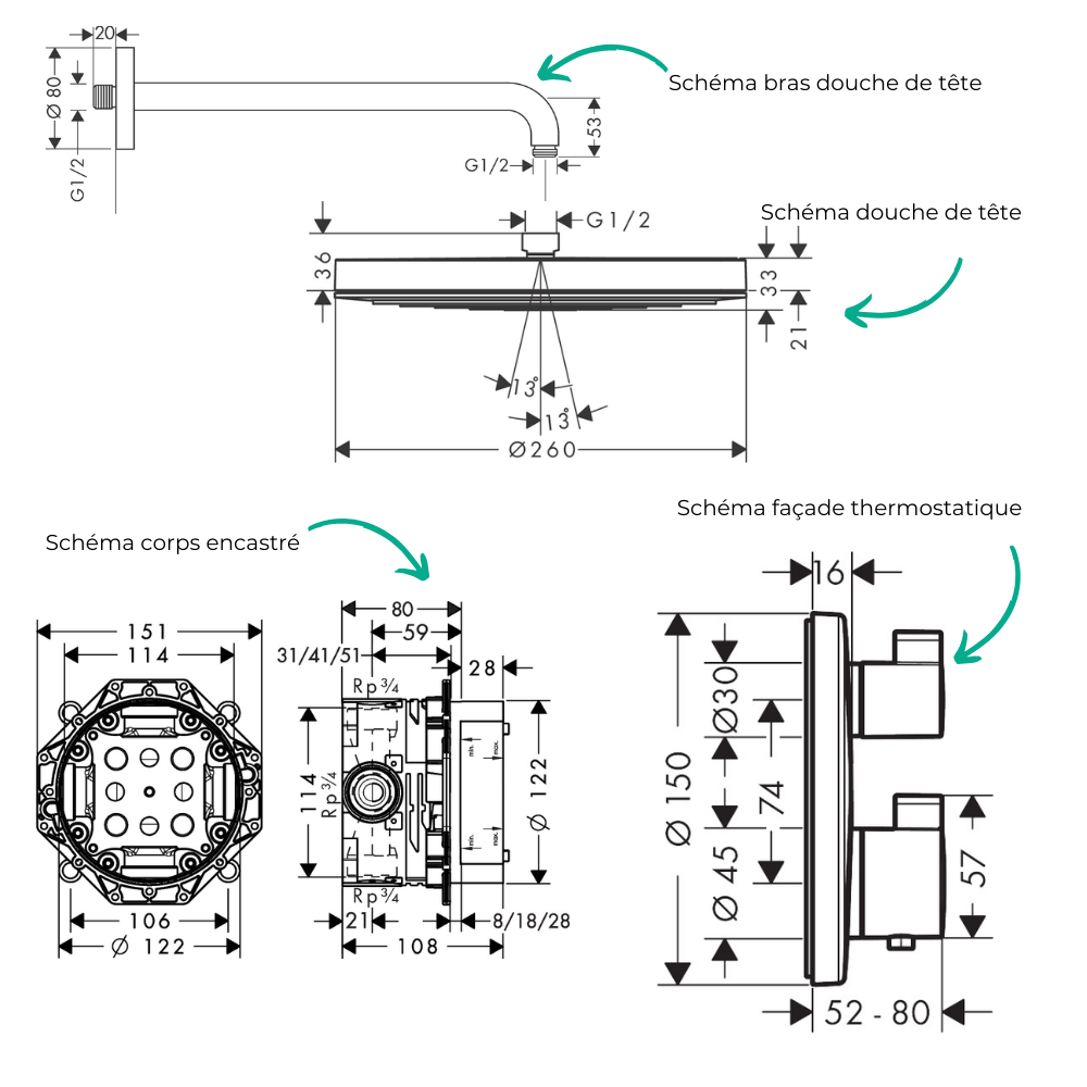 Colonne de douche encastrée douche thermostatique HANSGROHE Ecostat S Douche de tête Pulsify S Flexible ISIFLEX Douchette RAINDA