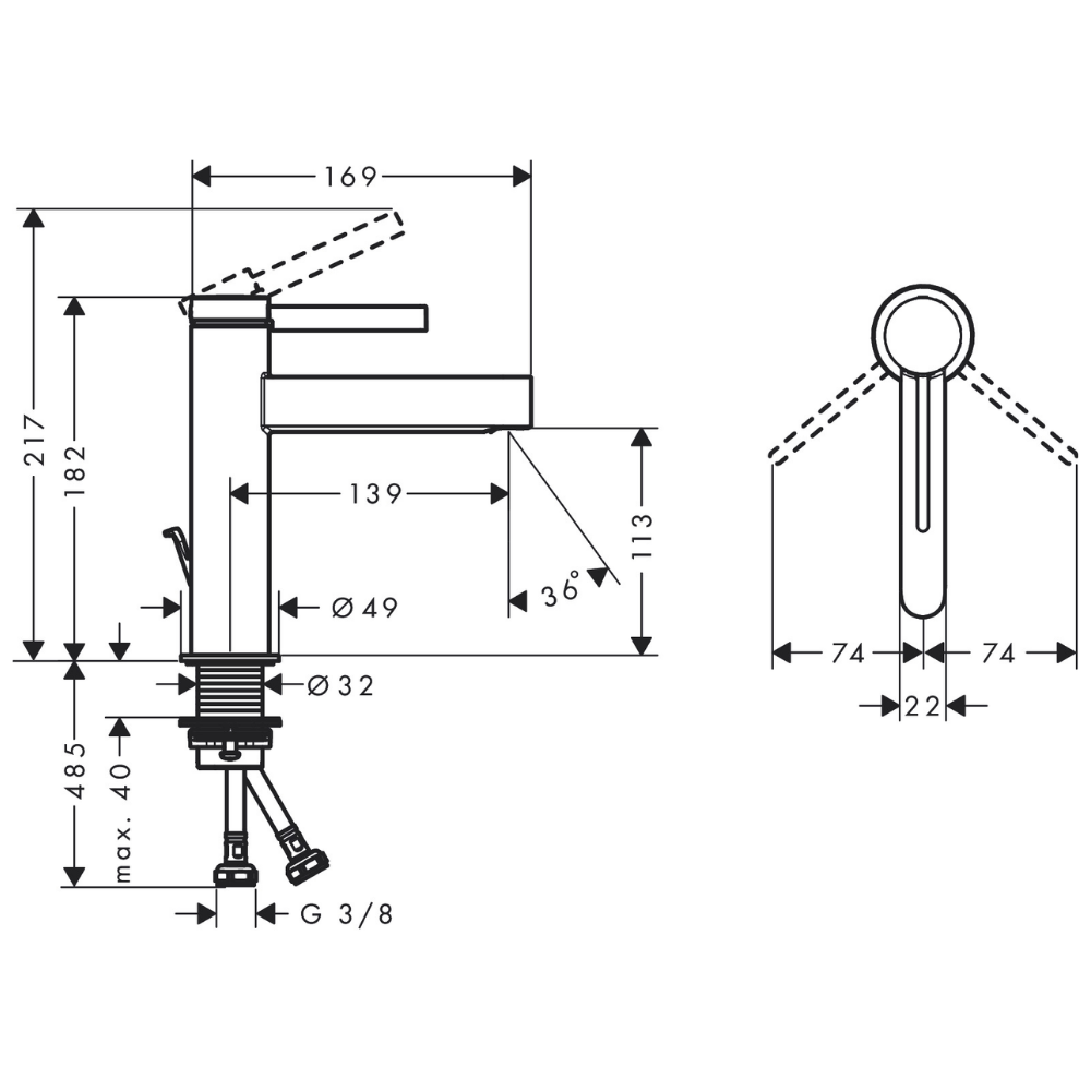 Le schéma technique du Lot de 2 mitigeurs lavabo HANSGROHE Finoris 110 avec tirette et vidage chromé