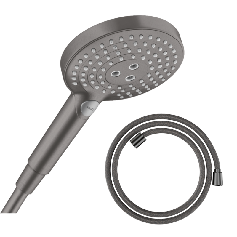 Pommeau de douche HANSGROHE Raindance Select S EcoSmart 120 3 jets noir chromé brossé + flexible de douche HANSGROHE Designflex 