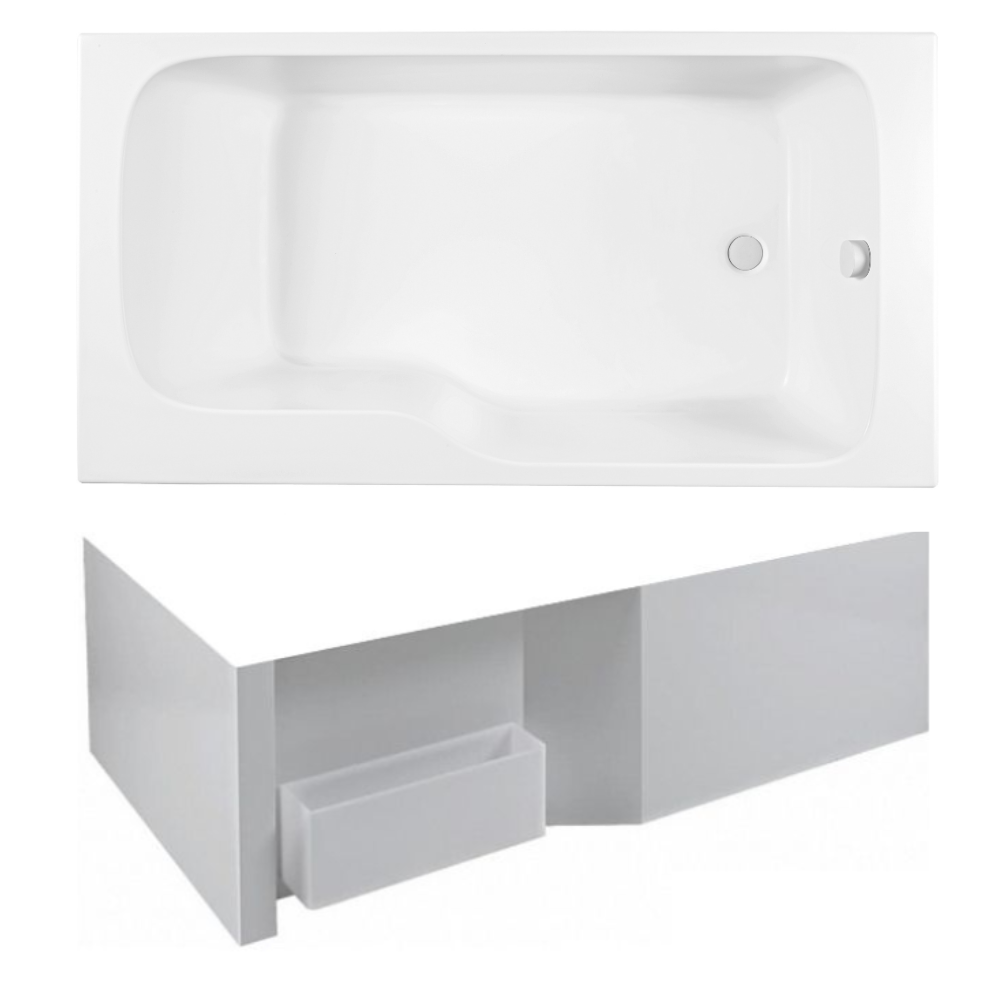 Pack baignoire bain douche 160 x 85 JACOB DELAFON Malice version droite + tablier bain douche Malice + boîte de rangement