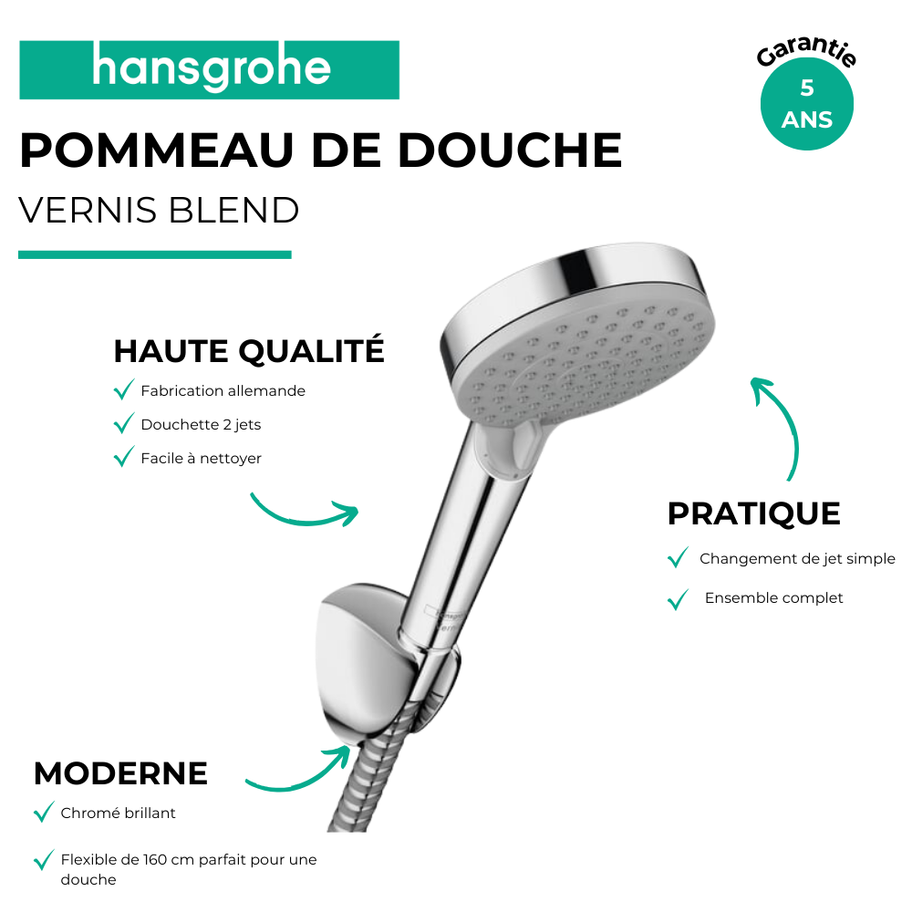 Avantage pommeau de douche HANSGROHE Vernis Blend 100 support et flexible 160 cm chromé