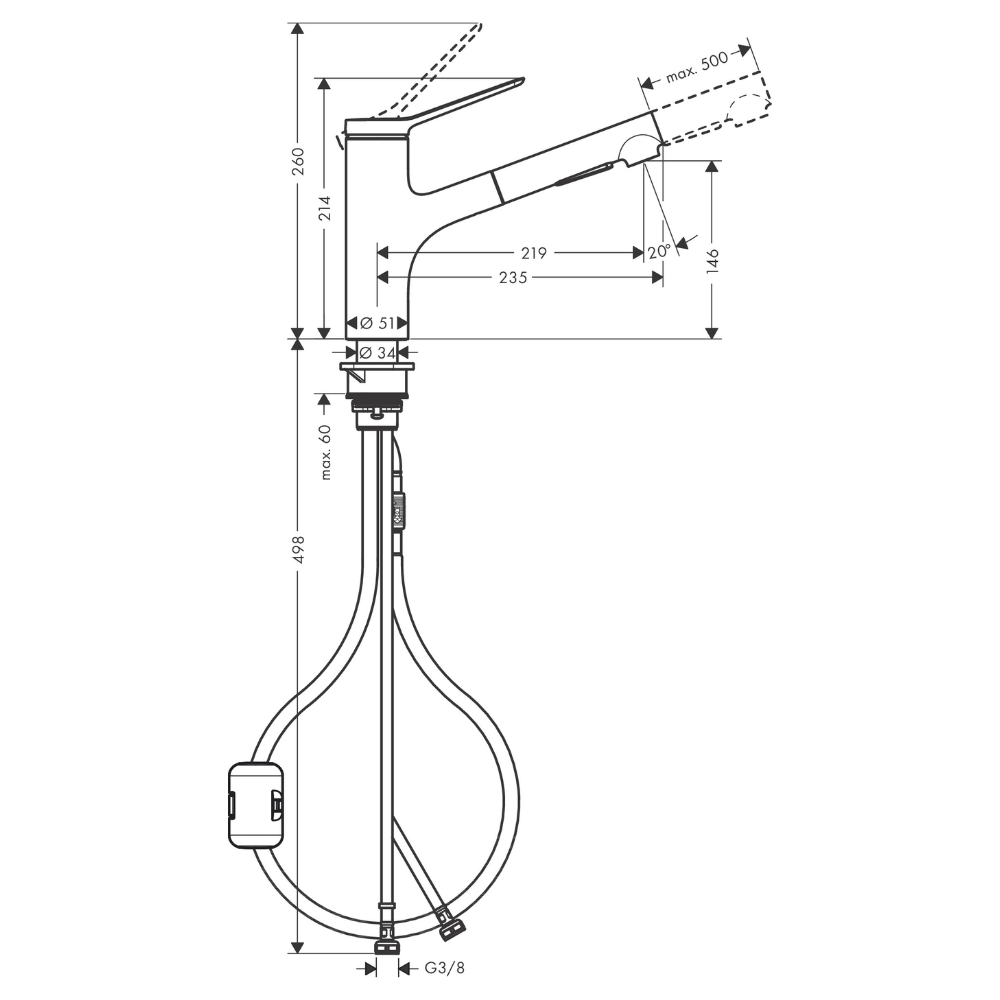 Schéma technique Robinet de cuisine avec douchette HANSGROHE Zesis M33 150 2 jets chromé