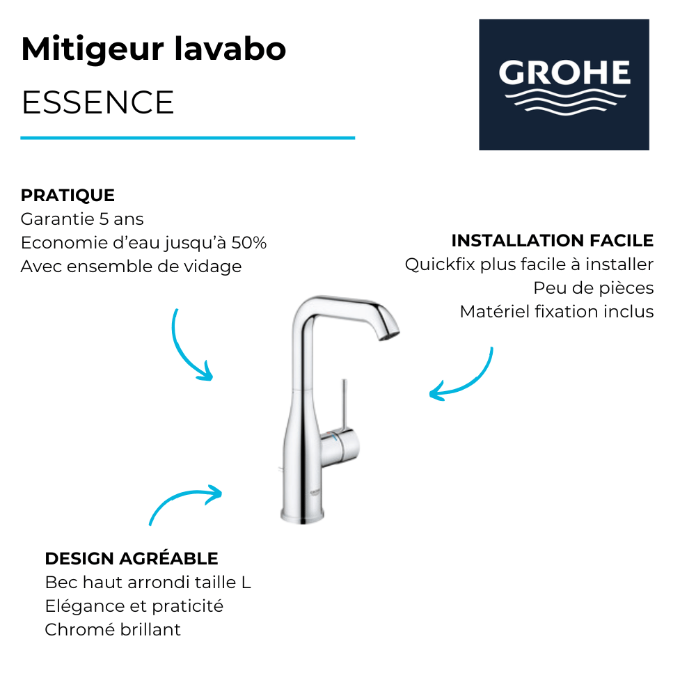 Mitigeur lavabo GROHE Essence Taille L Robinet lavabo Grohe Essence Taille L | Batinea