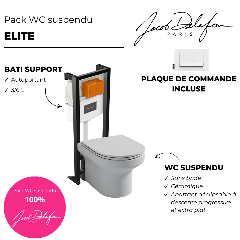 Pack WC suspendu sans bride JACOB DELAFON Elite + bâti-support JACOB + accessoires
