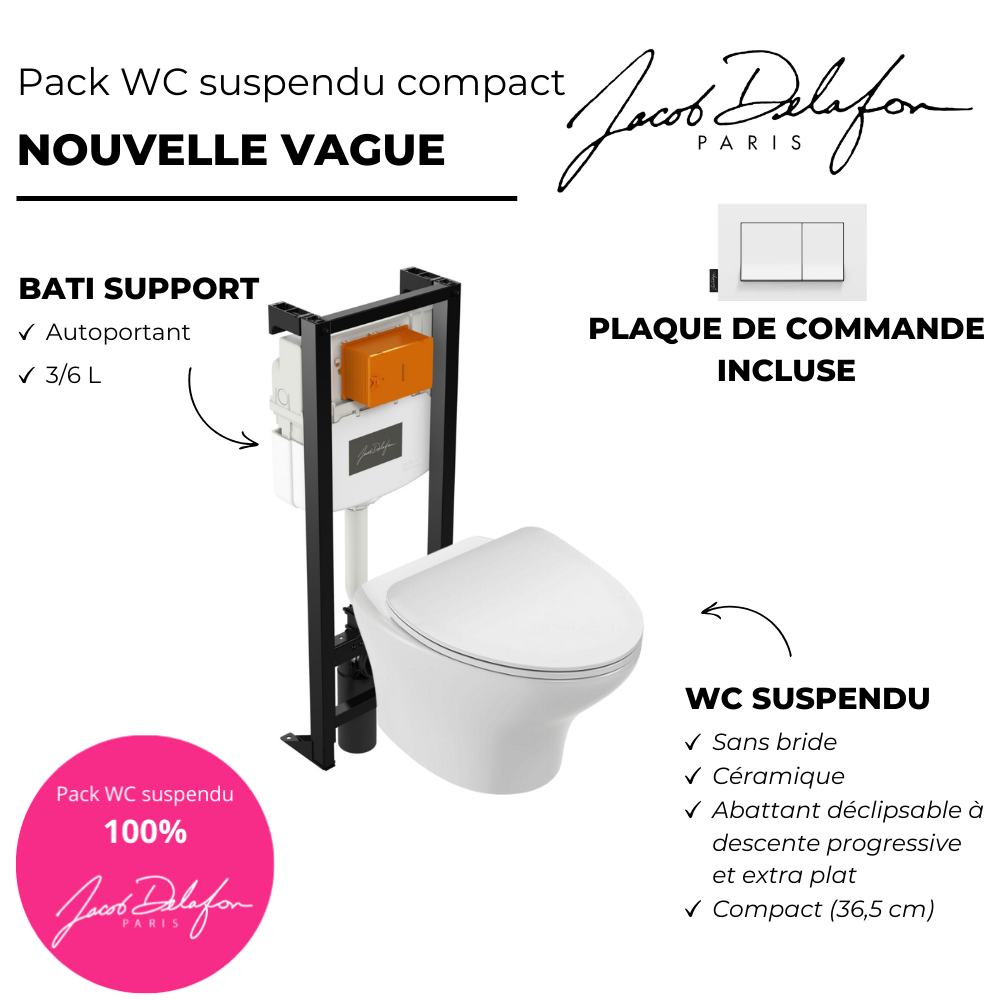 Pack WC suspendu sans bride compact JACOB DELAFON Nouvelle vague + bâti-support + accessoires 