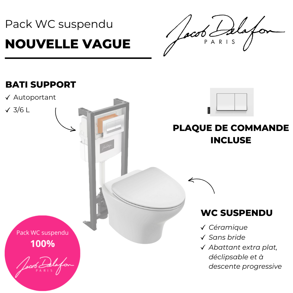 Pack WC suspendu sans bride JACOB DELAFON Nouvelle vague + bati support + plaque blanc brillant point fort