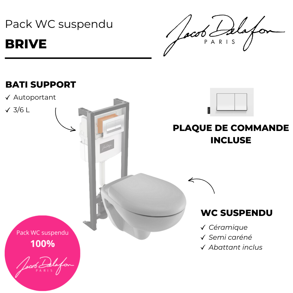 Pack WC suspendu JACOB DELAFON Brive semi caréné + bâti-support + plaque