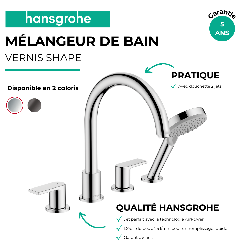 Avantages Mélangeur bain douche 4 trous HANSGROHE Vernis Shape chromé