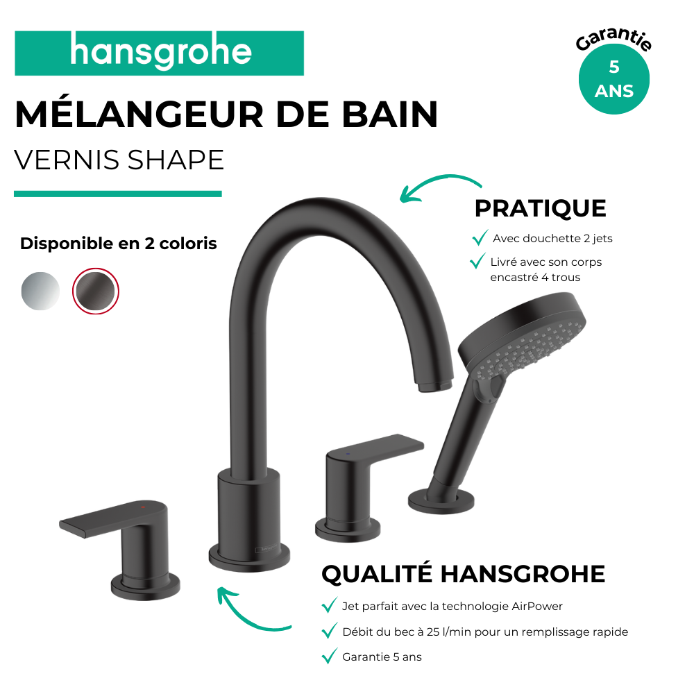 Avantages mélangeur bain douche 4 trous HANSGROHE Vernis Shape noir mat + corps d'encastrement