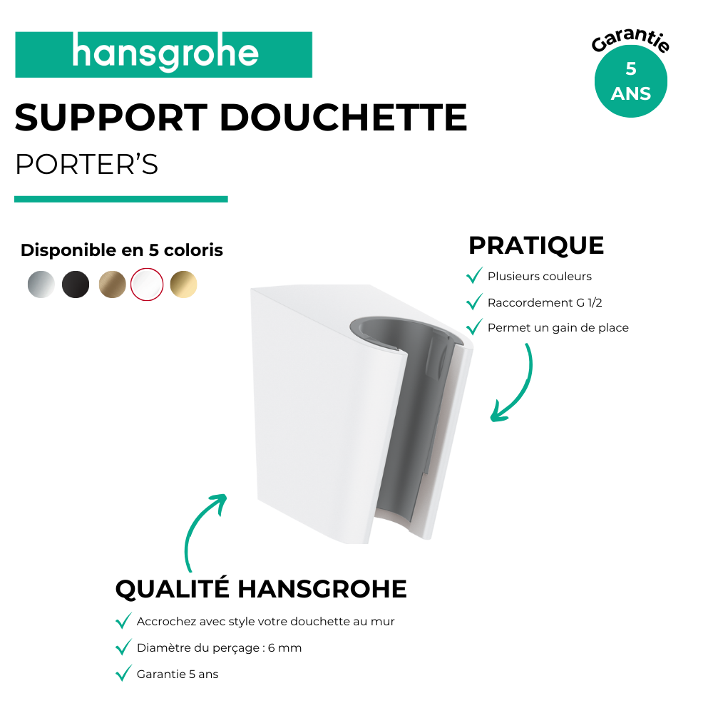 Avantages Support douchette mural HANSGROHE Porter'S Blanc mat