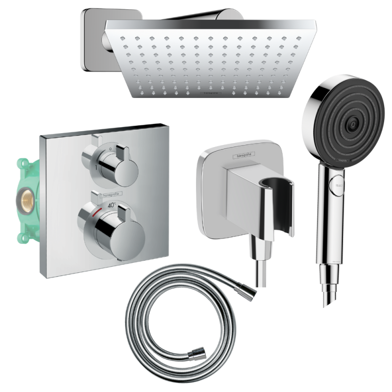 Colonne de douche encastrée thermostatique HANSGROHE Ecostat Square Douche de tête Vernis Shape Flexible Designflex Douchette Pu
