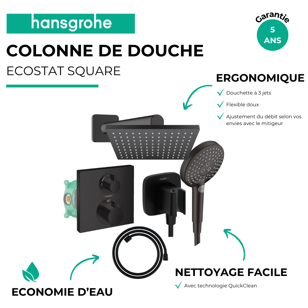 Avantages Colonne de douche encastrée thermostatique HANSGROHE Ecostat Square Douche de tête Vernis Shape Flexible Designflex Do