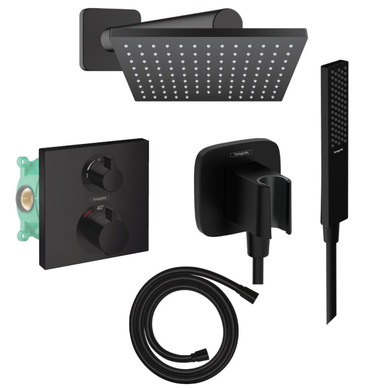 Colonne de douche encastrée thermostatique HANSGROHE Ecostat Square Douche de tête Vernis Shape Flexible Isiflex Douchette Pulsi