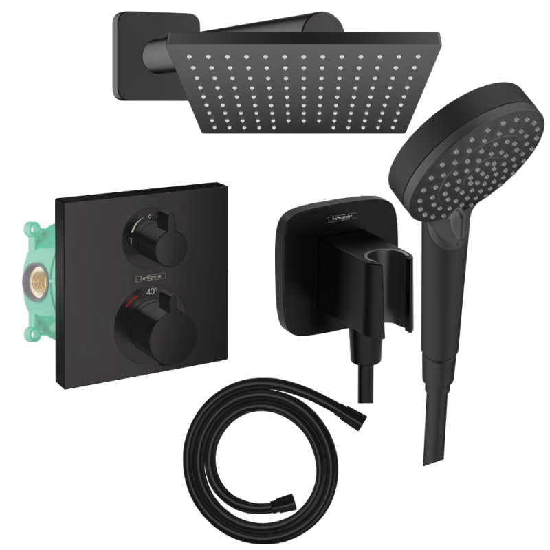 Colonne de douche encastrée thermostatique HANSGROHE Ecostat Square Douche de tête Vernis Shape Flexible Isiflex Douchette Verni