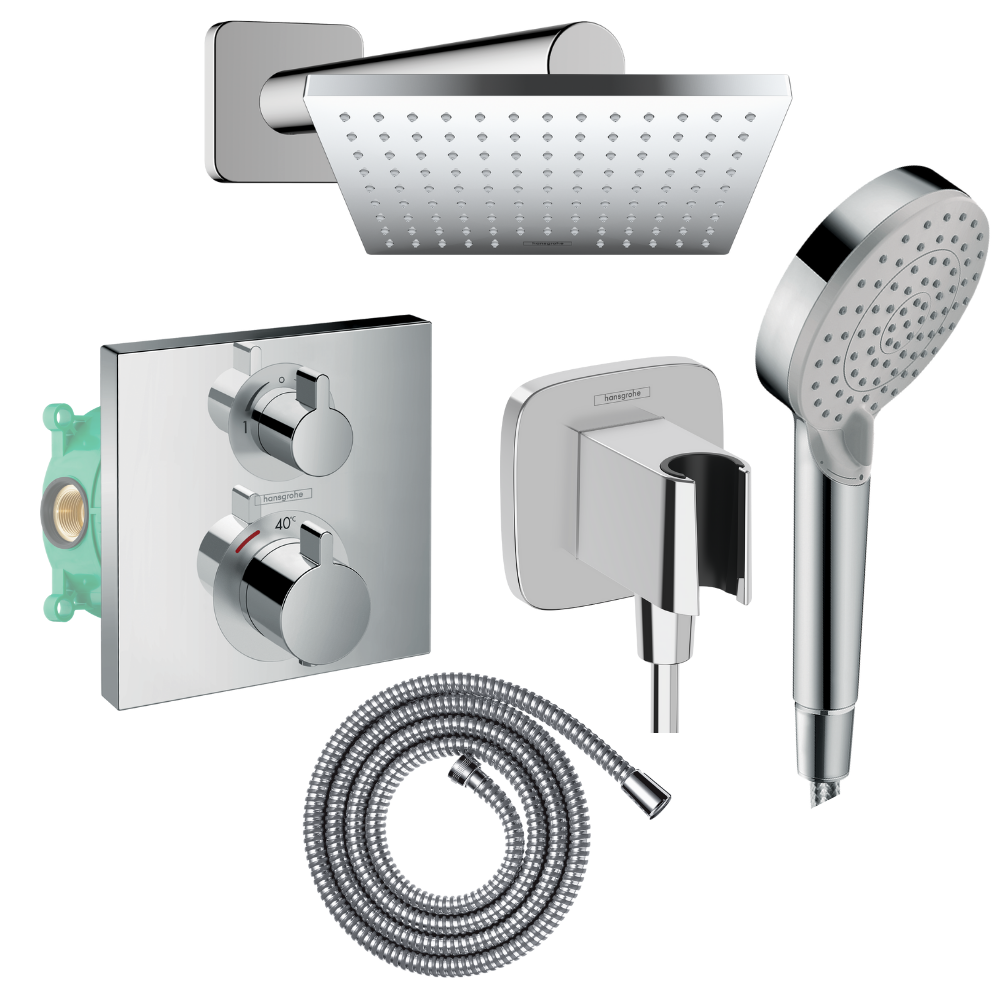 Colonne de douche encastrée thermostatique HANSGROHE Ecostat Square Douche de tête Vernis Shape Flexible Metaflex Douchette Vern