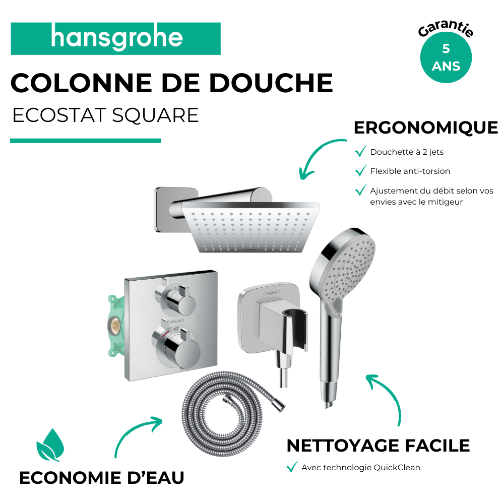 Avantages Colonne de douche encastrée thermostatique HANSGROHE Ecostat Square Douche de tête Vernis Shape Flexible Metaflex Douc