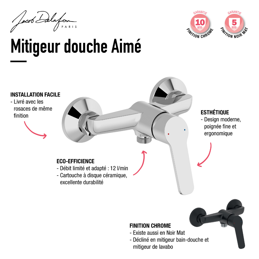 Pack mitigeur douche mécanique mural 2 trous Jacob Delafon Aimé noir complet