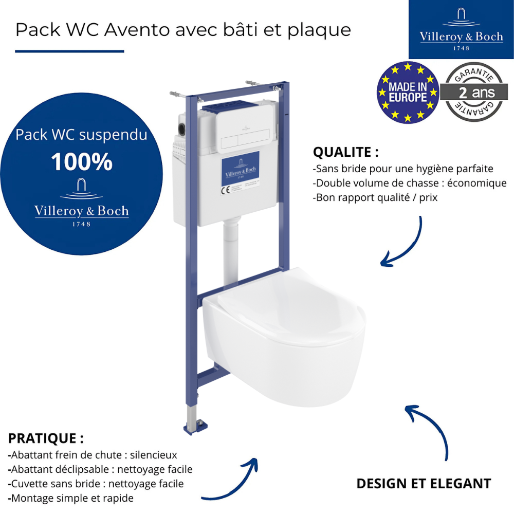 Points forts Pack WC suspendu sans bride VILLEROY ET BOCH Avento + Bâti support ViConnect Pro + abattant frein de chute + plaque