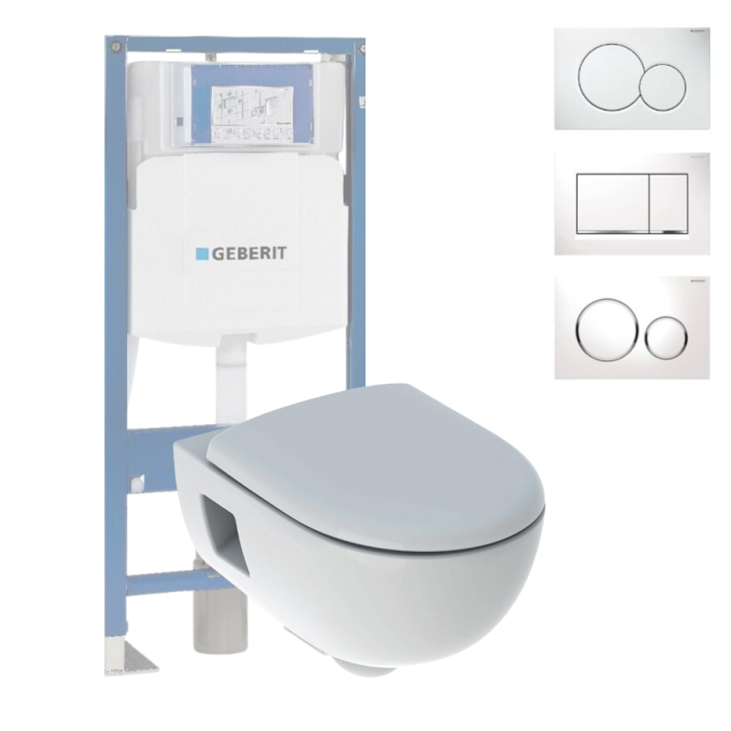 Pack WC suspendu sans bride GEBERIT Renova, semi-caréné  + Bati support + Plaque de commande | Batinea