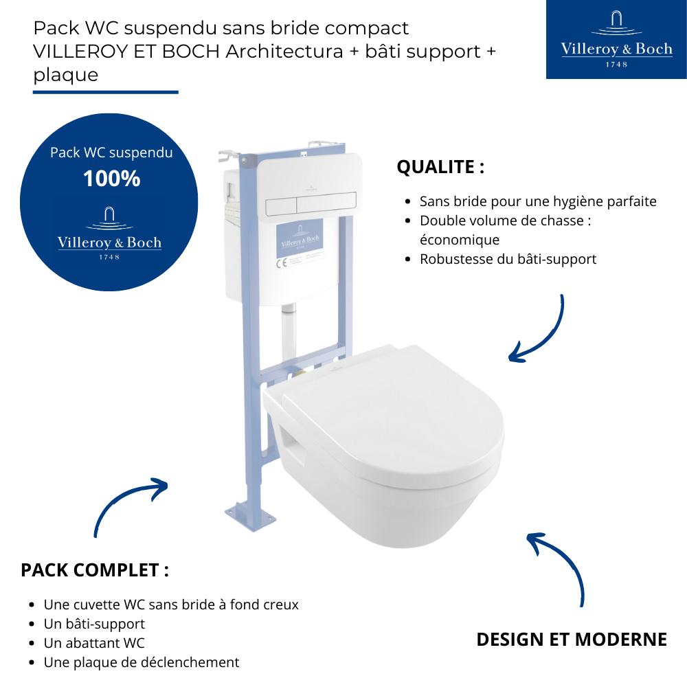Pack WC suspendu sans bride compact VILLEROY ET BOCH Architectura + bâti support + plaque | Batinea