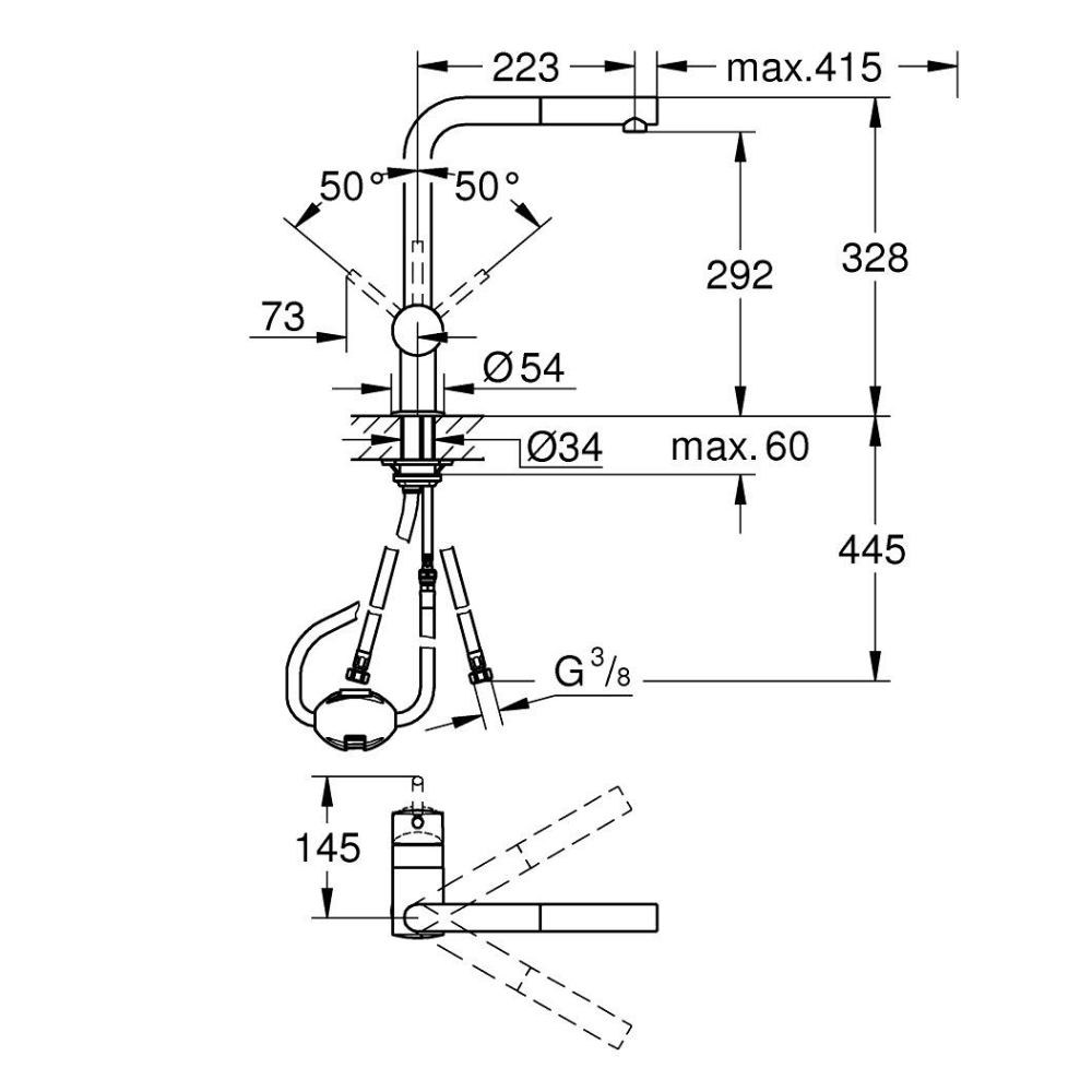 schema technique robinet cuisine avec douchette extractible Grohe minta