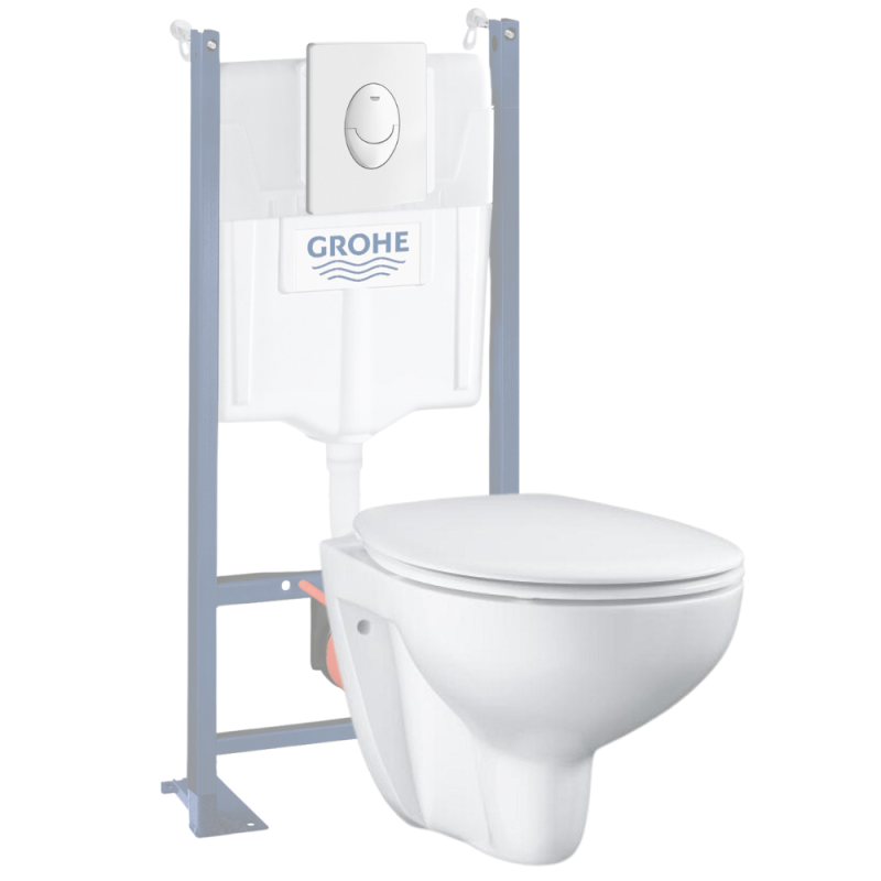 Pack cuvette suspendue sans bride avec abattant Bau Ceramic, bati support, plaque de commande Start Grohe