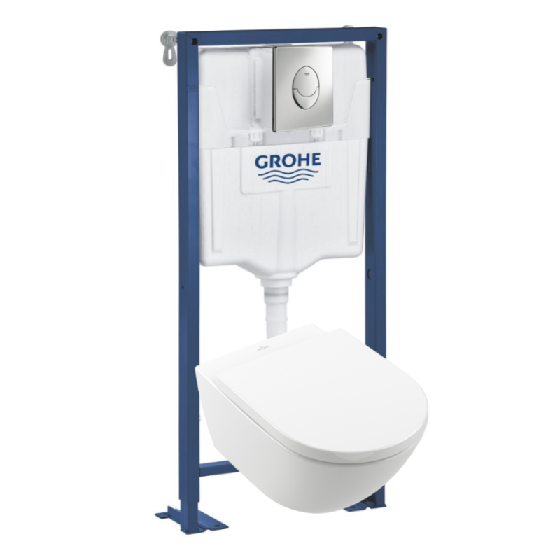 Pack WC Suspendu sans bride VILLEROY & BOCH Subway 3.0 avec abattant frein de chute + Bâti support GROHE + plaque | Batinea